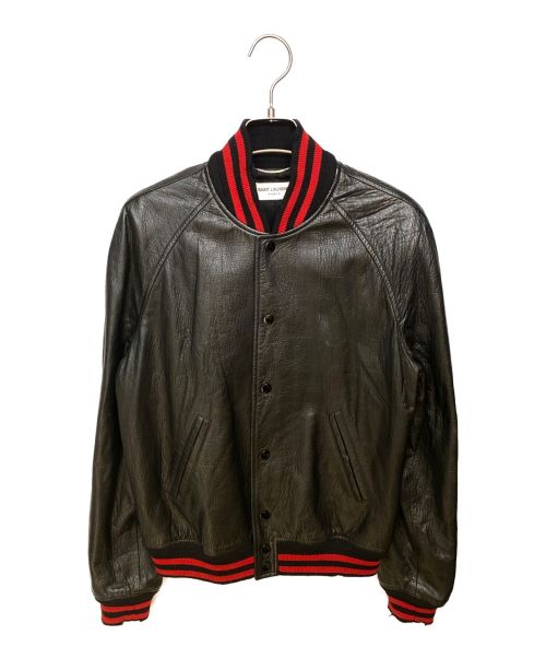 Saint Laurent Paris（サンローランパリ）Saint Laurent Paris (サンローランパリ) ダメージ加工リブラインオールラムレザー スタジャン テディ ジャケット ブラック×レッド サイズ:42の古着・服飾アイテム