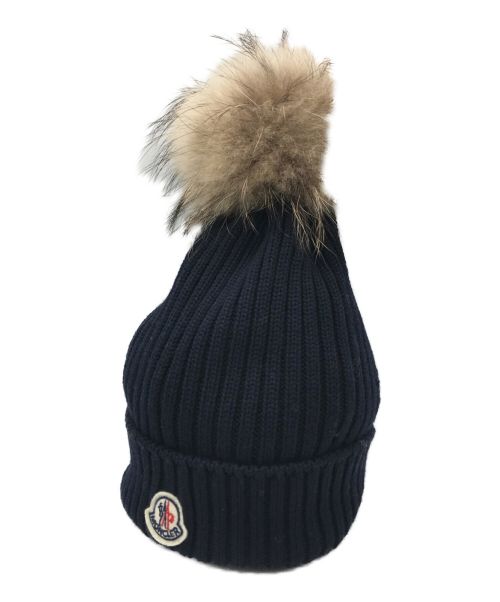 MONCLER（モンクレール）MONCLER (モンクレール) ファー付きパッチロゴニット帽 ネイビー サイズ:XLの古着・服飾アイテム