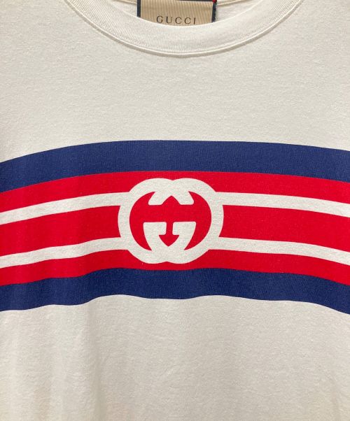 GUCCI（グッチ）GUCCI (グッチ) インターロッキングG ストライプ プリント Tシャツ アイボリー サイズ:Sの古着・服飾アイテム