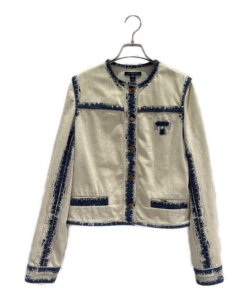 LOUIS VUITTON（ルイ ヴィトン）LOUIS VUITTON (ルイ ヴィトン) ノーカラーデニムジャケット ホワイト×インディゴ サイズ:38の古着・服飾アイテム
