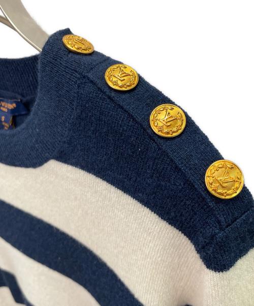 LOUIS VUITTON（ルイ ヴィトン）LOUIS VUITTON (ルイ ヴィトン) LVローレルボタン カシミヤ ボーダー ニット ネイビー×ホワイト サイズ:Sの古着・服飾アイテム