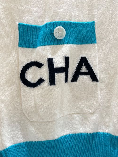 CHANEL（シャネル）CHANEL (シャネル) ロゴVネックニット ホワイト×ブルー サイズ:34の古着・服飾アイテム