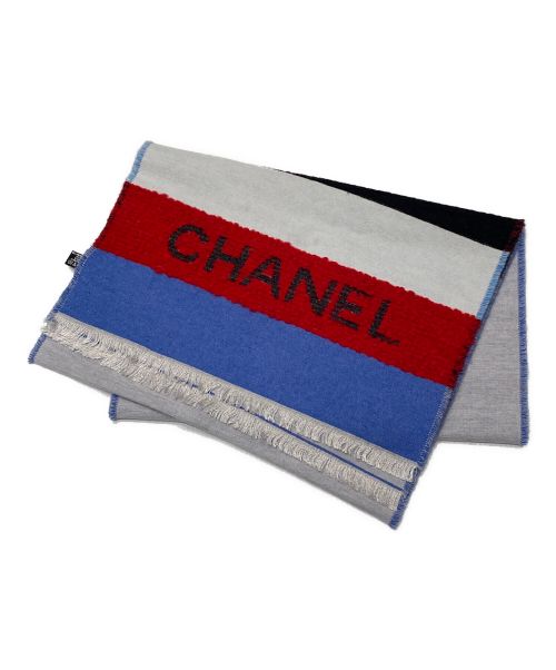 CHANEL（シャネル）CHANEL (シャネル) シルク混ストール スカイブルー×ブラック×レッドの古着・服飾アイテム