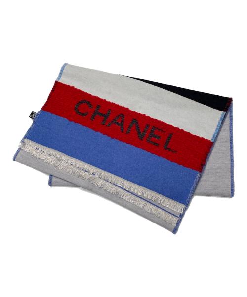 CHANEL（シャネル）CHANEL (シャネル) ロゴシルク混ストール スカイブルー×ブラック×レッドの古着・服飾アイテム