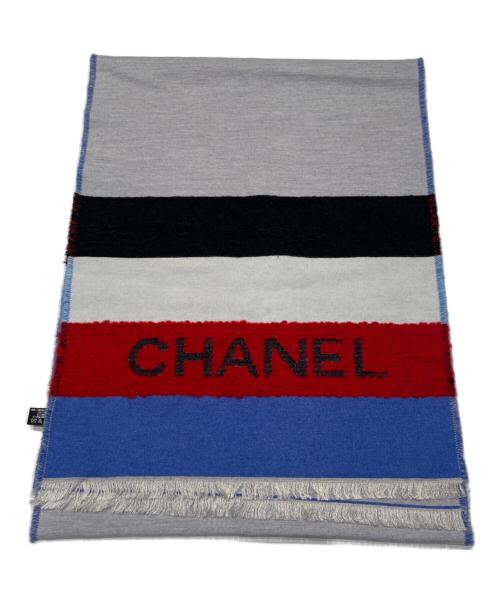 CHANEL（シャネル）CHANEL (シャネル) ロゴシルク混ストール スカイブルー×ブラック×レッドの古着・服飾アイテム