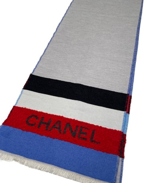 CHANEL（シャネル）CHANEL (シャネル) ロゴシルク混ストール スカイブルー×ブラック×レッドの古着・服飾アイテム