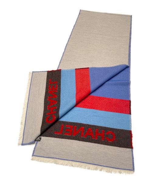 CHANEL（シャネル）CHANEL (シャネル) ロゴシルク混ストール スカイブルー×ブラック×レッドの古着・服飾アイテム