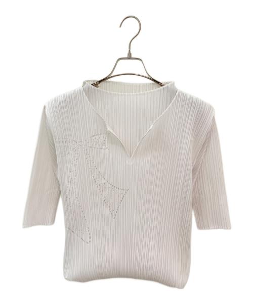 PLEATS PLEASE（プリーツプリーズ）PLEATS PLEASE (プリーツプリーズ) リボンモチーフプリーツカットソー ホワイト サイズ:3の古着・服飾アイテム