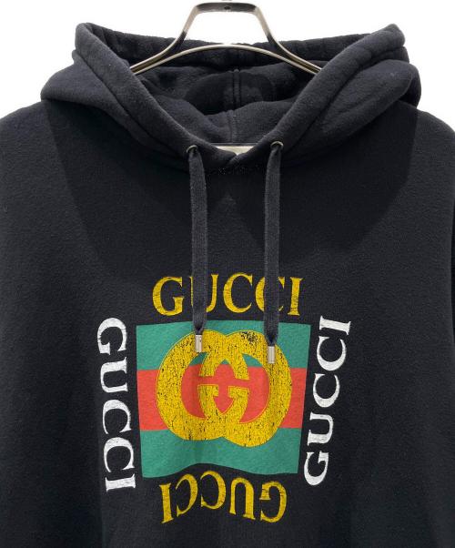 GUCCI（グッチ）GUCCI (グッチ) ヴィンテージ 加工 オールド ロゴ プリント スウェット パーカー ブラック サイズ:XLの古着・服飾アイテム