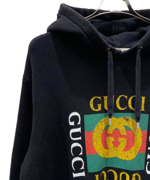GUCCI（グッチ）GUCCI (グッチ) ヴィンテージ 加工 オールド ロゴ プリント スウェット パーカー ブラック サイズ:XLの古着・服飾アイテム