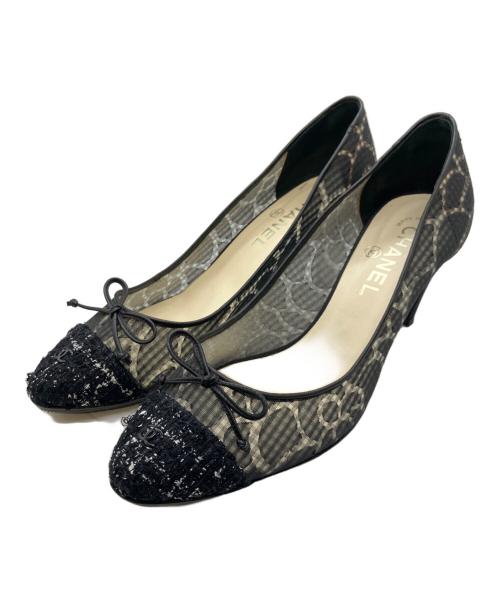 CHANEL（シャネル）CHANEL (シャネル) バレリーナ カメリア シャネルツイード ヒールパンプス ブラック サイズ:38 1/2の古着・服飾アイテム