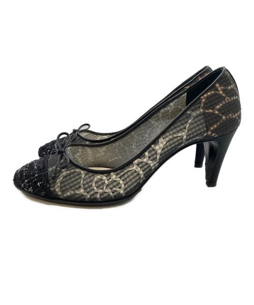 CHANEL（シャネル）CHANEL (シャネル) バレリーナ カメリア シャネルツイード ヒールパンプス ブラック サイズ:38 1/2の古着・服飾アイテム