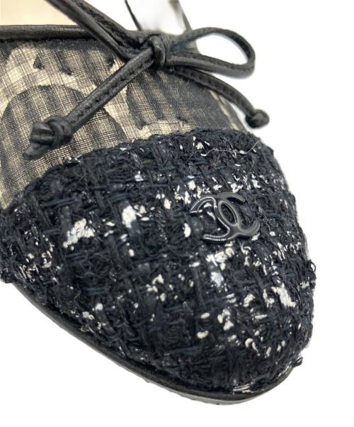 CHANEL（シャネル）CHANEL (シャネル) バレリーナ カメリア シャネルツイード ヒールパンプス ブラック サイズ:38 1/2の古着・服飾アイテム