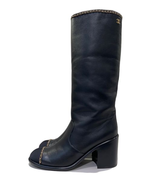 CHANEL（シャネル）CHANEL (シャネル) ココマーク チェーン レザー ロングブーツ ブラック サイズ:38 1/2の古着・服飾アイテム