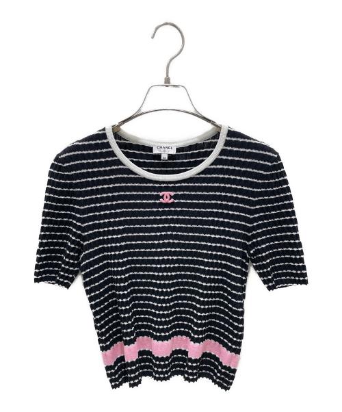 CHANEL（シャネル）CHANEL (シャネル) ココマークボーダージャットソー ブラック×ピンク サイズ:38の古着・服飾アイテム