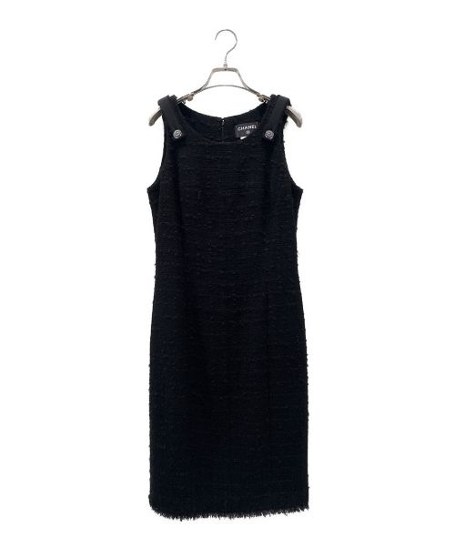 CHANEL（シャネル）CHANEL (シャネル) ココボタンノースリーブツイードワンピース ブラック サイズ:38の古着・服飾アイテム