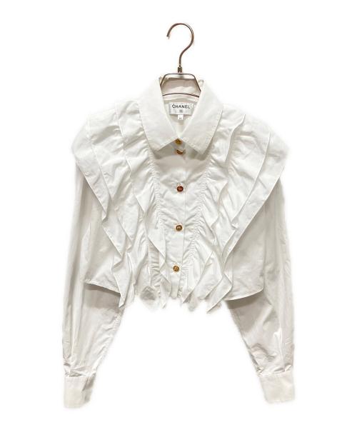 CHANEL（シャネル）CHANEL (シャネル) P73 22A ラインストーン ココボタン フリル ブラウス ホワイト サイズ:34の古着・服飾アイテム