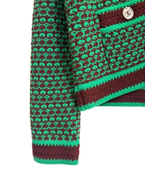 CHANEL（シャネル）CHANEL (シャネル) ココマークボタン カシミヤニットカーディガン グリーン×ブラウン サイズ:36の古着・服飾アイテム