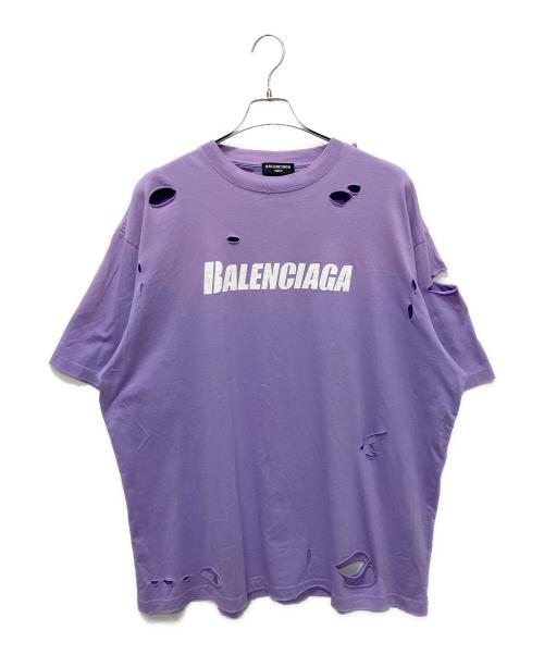 BALENCIAGA（バレンシアガ）BALENCIAGA (バレンシアガ) BALENCIAGA Caps Destroyed Flatground Tee/デストロイ加工ロゴプリントTシャツ パープル サイズ:Mの古着・服飾アイテム