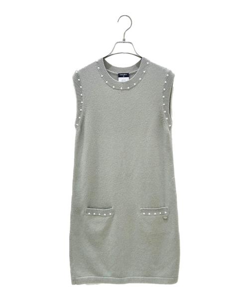 CHANEL（シャネル）CHANEL (シャネル) パール トリムニット ワンピース ライトグレー サイズ:36の古着・服飾アイテム