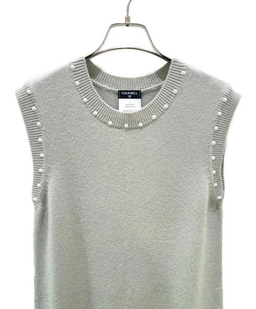CHANEL（シャネル）CHANEL (シャネル) パール トリムニット ワンピース ライトグレー サイズ:36の古着・服飾アイテム