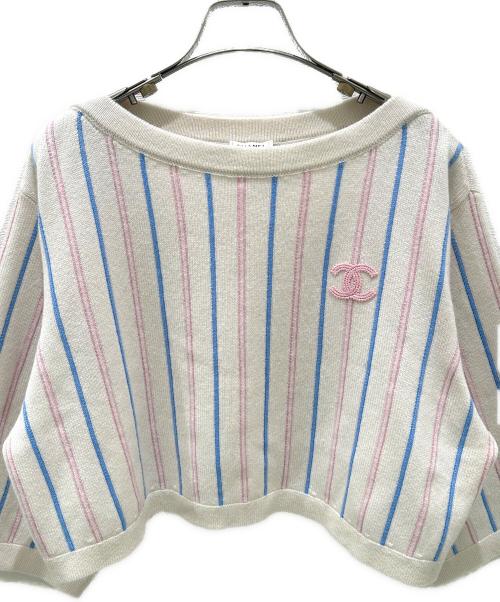 CHANEL（シャネル）CHANEL (シャネル) ココマーク カシミヤ ストライプ ニット ベージュ サイズ:36の古着・服飾アイテム