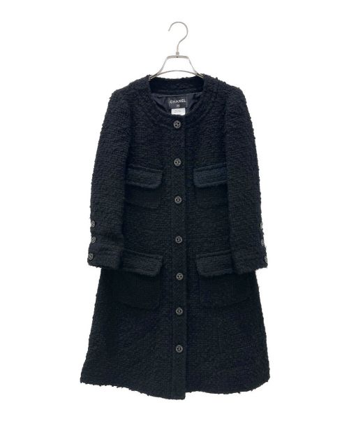 CHANEL（シャネル）CHANEL (シャネル) ココマークボタン ノーカラー ツイード コート ブラック サイズ:38の古着・服飾アイテム