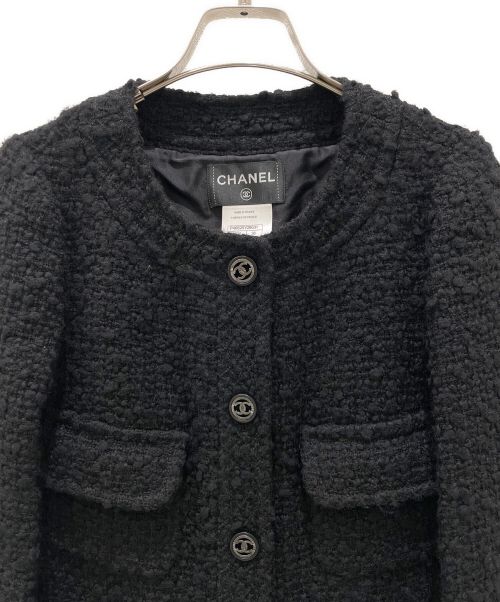 CHANEL（シャネル）CHANEL (シャネル) ココマークボタン ノーカラー ツイード コート ブラック サイズ:38の古着・服飾アイテム