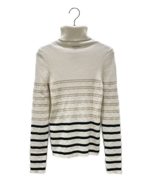 CHANEL（シャネル）CHANEL (シャネル) ココマーク カシミヤ ボーダー タートルネック ニット アイボリー×ブラック サイズ:38の古着・服飾アイテム
