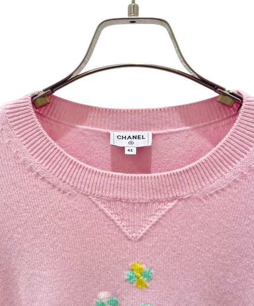CHANEL（シャネル）CHANEL (シャネル) カシミヤクルーネックニット ピンク×ホワイト サイズ:42の古着・服飾アイテム