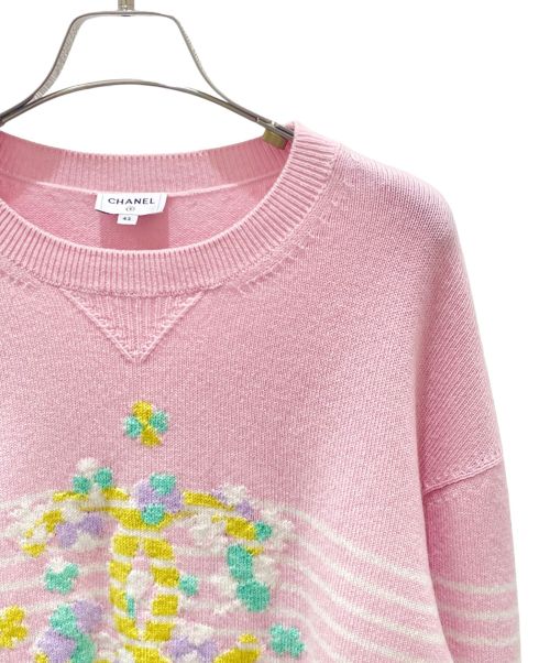 CHANEL（シャネル）CHANEL (シャネル) カシミヤクルーネックニット ピンク×ホワイト サイズ:42の古着・服飾アイテム