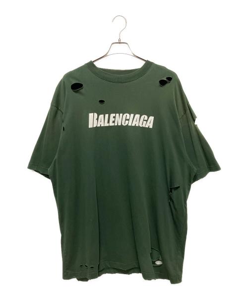 BALENCIAGA（バレンシアガ）BALENCIAGA (バレンシアガ) 21SS Caps Destroyed Flatground Tee/ デストロイ加工Tシャツ グリーン サイズ:Mの古着・服飾アイテム