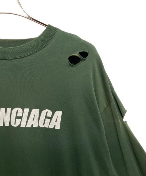 BALENCIAGA（バレンシアガ）BALENCIAGA (バレンシアガ) 21SS Caps Destroyed Flatground Tee/ デストロイ加工Tシャツ グリーン サイズ:Mの古着・服飾アイテム