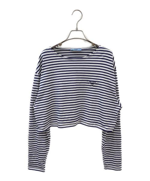 PRADA（プラダ）PRADA (プラダ) ロゴボーダークロップドカットソー ネイビー×ホワイト サイズ:Sの古着・服飾アイテム