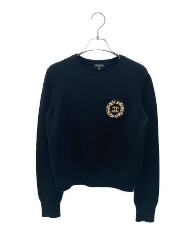 CHANEL シャネル 半袖 カシミヤニット チュニック ココマーク 黒 40 中古・古着通販】CHANEL (シャネル) ココマークエンブレムカシミヤ