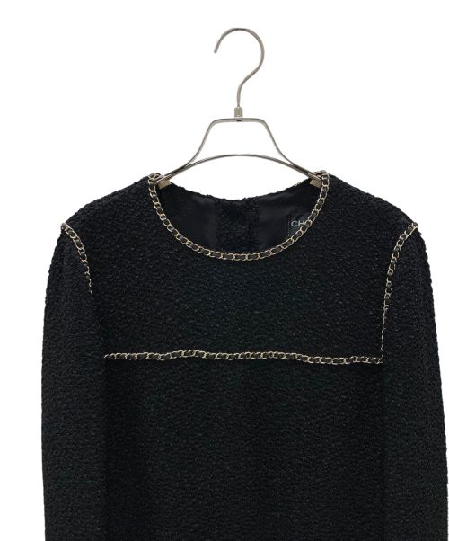 CHANEL（シャネル）CHANEL (シャネル) チェーンデザイン ツイード ワンピース ブラック×ゴールド サイズ:40の古着・服飾アイテム