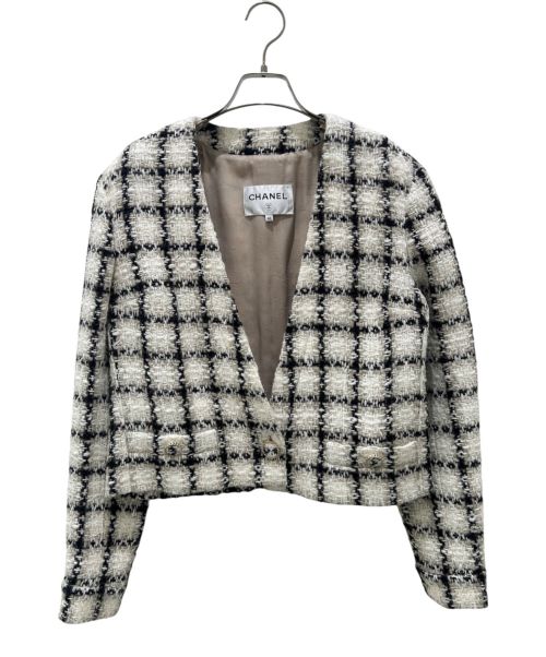 CHANEL（シャネル）CHANEL (シャネル) ココボタン ウール アクリル チェック ノーカラージャケット ベージュ×ブラック サイズ:40の古着・服飾アイテム