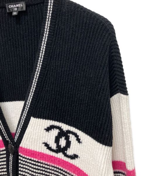 CHANEL（シャネル）CHANEL (シャネル) P73 ココマークボーダー アルパカウール ニットカーディガン ホワイト×ブラック サイズ:34の古着・服飾アイテム