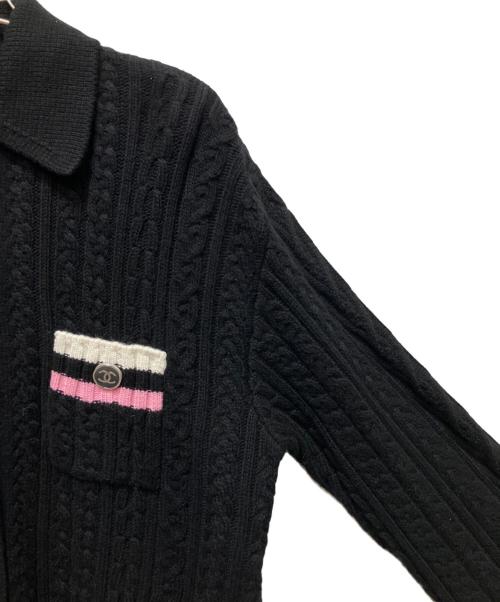 CHANEL（シャネル）CHANEL (シャネル) P74 ココマーク ケーブル カシミヤニット カーディガン ブラック×ピンク サイズ:34の古着・服飾アイテム