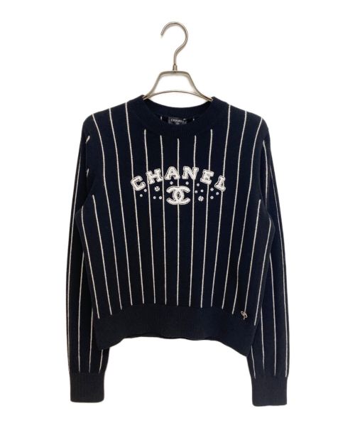 CHANEL（シャネル）CHANEL (シャネル) ココマークストライプニット ブラック サイズ:34の古着・服飾アイテム