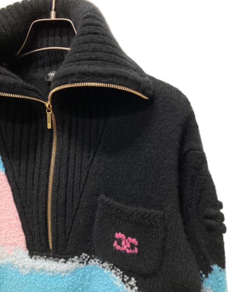 CHANEL（シャネル）CHANEL (シャネル) P73 NO.5 カシミヤ×ウール クロップド ハーフジップセーター ブラック サイズ:36の古着・服飾アイテム