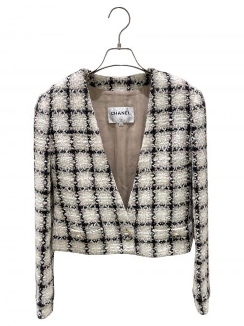 CHANEL（シャネル）CHANEL (シャネル) ココボタンツイードチェックジャケット アイボリー×ブラック サイズ:34の古着・服飾アイテム