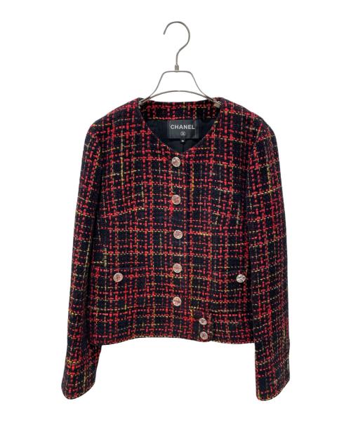 CHANEL（シャネル）CHANEL (シャネル) P73 ココマークリボンツイードジャケット レッド×ブラック サイズ:36の古着・服飾アイテム