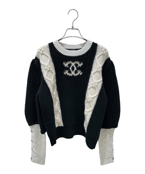CHANEL（シャネル）CHANEL (シャネル) ココマークレースレイヤード袖ボタンニット ホワイト×ブラック サイズ:40の古着・服飾アイテム