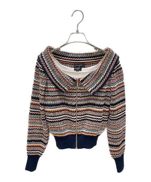 CHANEL（シャネル）CHANEL (シャネル) アンサンブルミックスニットジップアップカーディガン オレンジ×ネイビー サイズ:38の古着・服飾アイテム