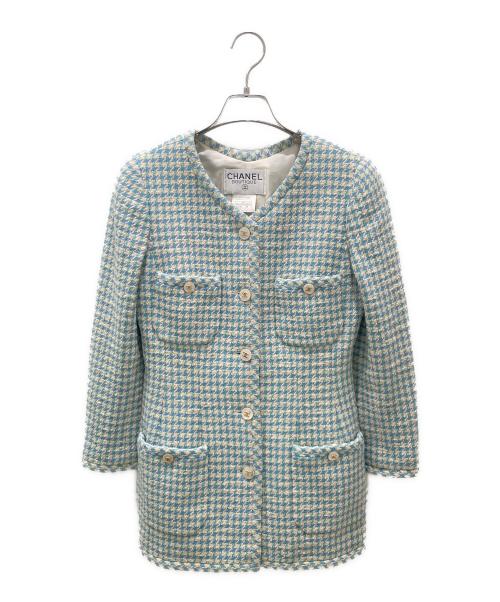 CHANEL（シャネル）CHANEL (シャネル) ココボタンツイードジャケット ブルー×ホワイト サイズ:38の古着・服飾アイテム