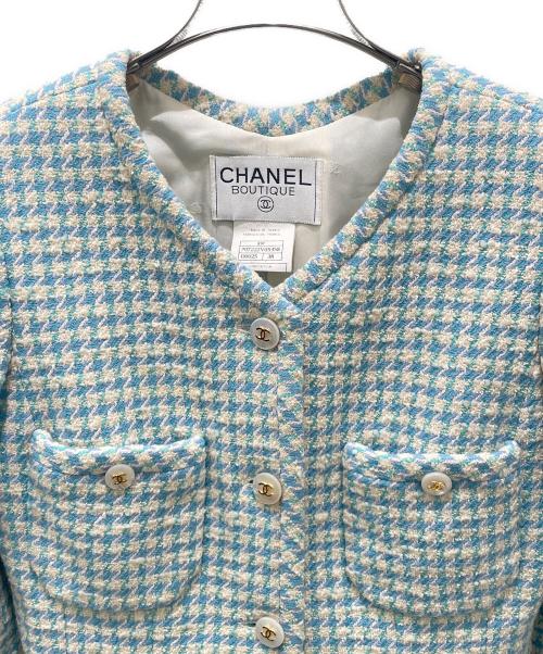 CHANEL（シャネル）CHANEL (シャネル) ココボタンツイードジャケット ブルー×ホワイト サイズ:38の古着・服飾アイテム