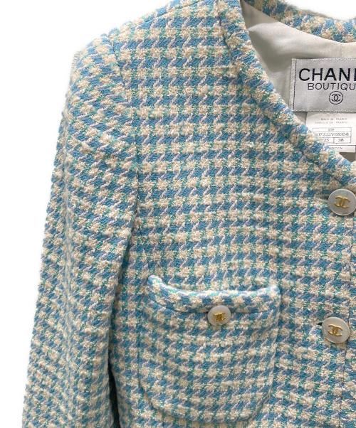 CHANEL（シャネル）CHANEL (シャネル) ココボタンツイードジャケット ブルー×ホワイト サイズ:38の古着・服飾アイテム