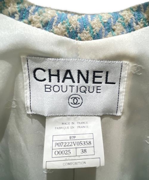 CHANEL（シャネル）CHANEL (シャネル) ココボタンツイードジャケット ブルー×ホワイト サイズ:38の古着・服飾アイテム