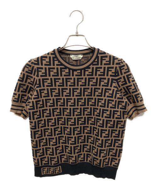 FENDI（フェンディ）FENDI (フェンディ) ファブリックFFロゴモチーフセーター/FFロゴ ズッカ柄 半袖ニット ブラウン サイズ:38の古着・服飾アイテム